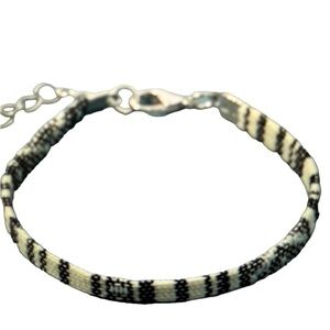 Boho Geometric Woven Cloth Bracelet, White and Black.